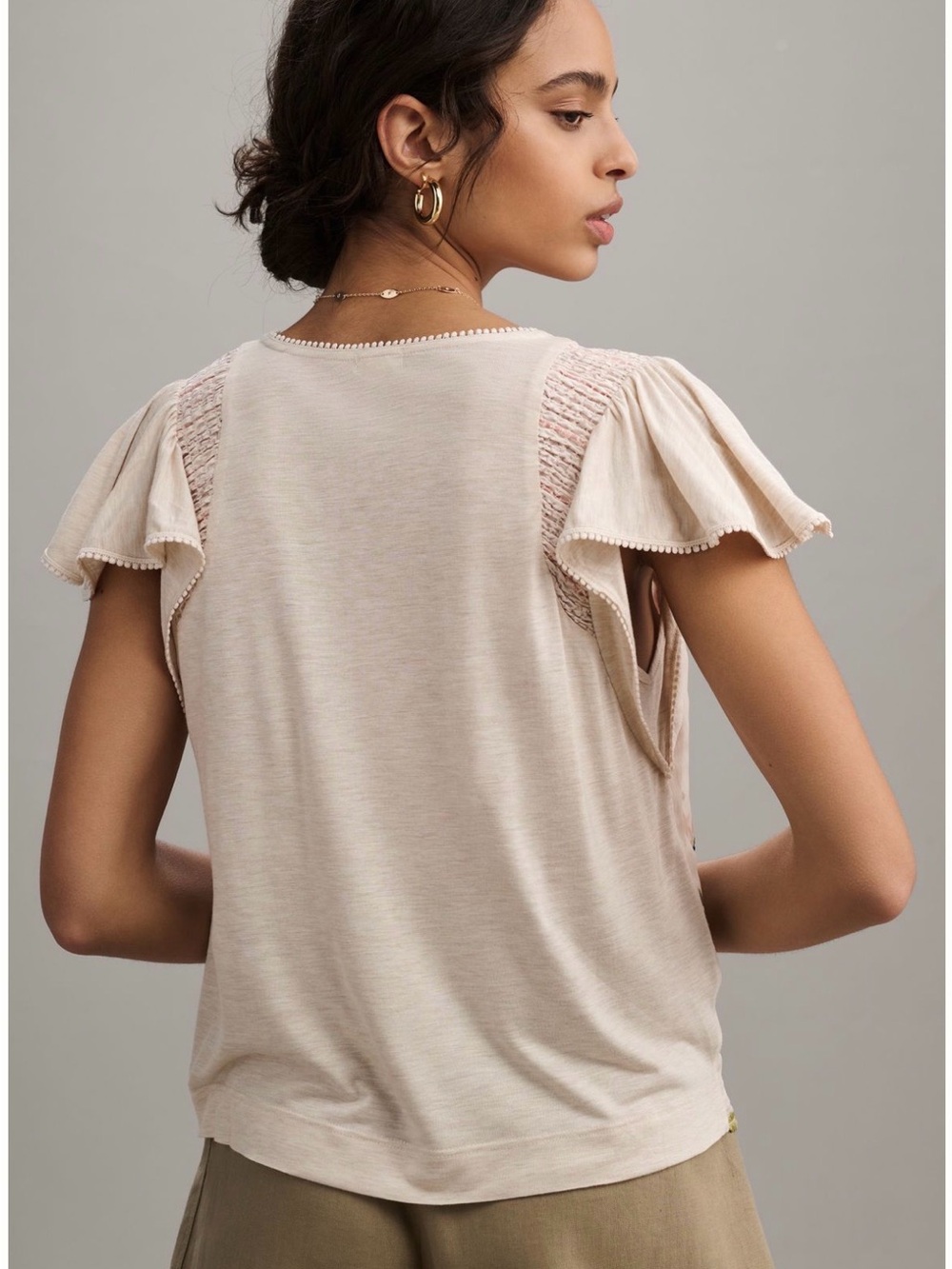 Embroidered Floral Cream V-Neck Flutter Sleeve Top - Picture 2 of 6